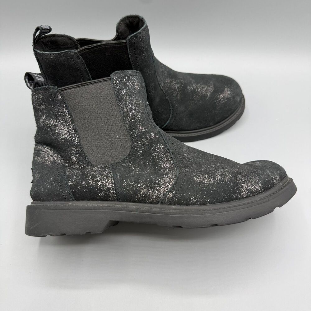 UGG Bolden Metallic Suede Chelsea Boots Black Big Kids Size 4